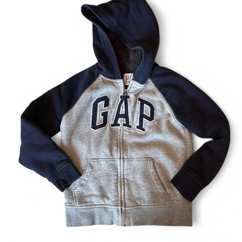 Kids Gap Zip-Up Hoodie, Size Small | Heather Gray with Navy Arms & Hood